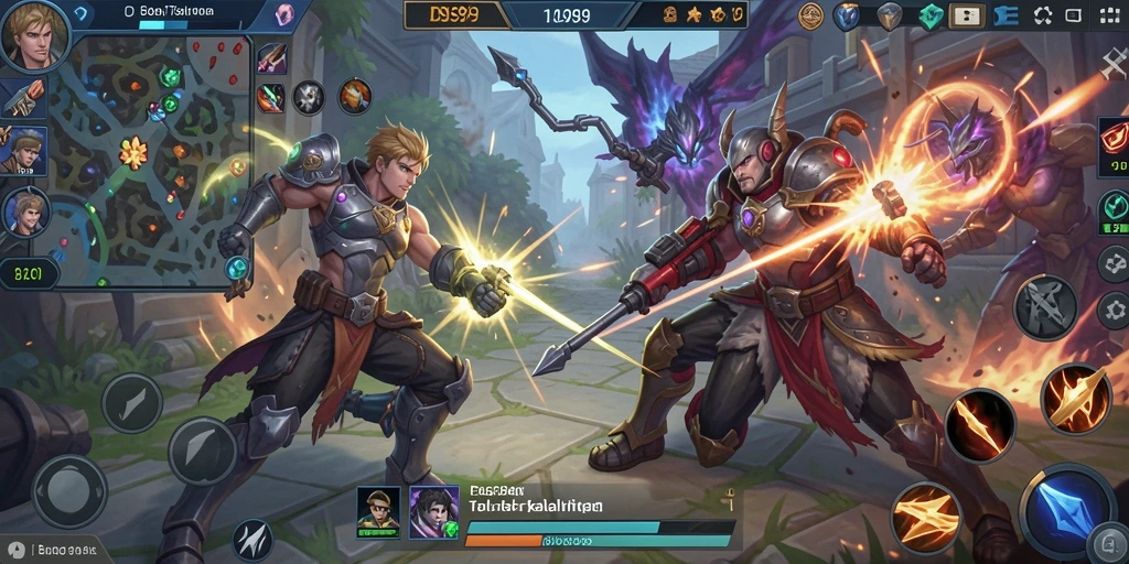 Screenshot DS99 menampilkan aksi pertempuran MOBA yang intens.