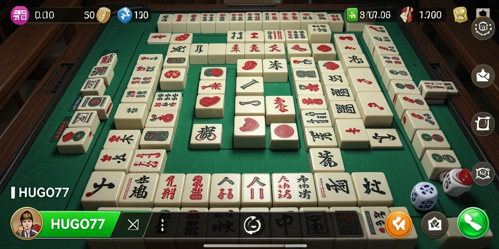 Screenshot gameplay HUGO77 yang menunjukkan aksi mencocokkan ubin Mahjong.