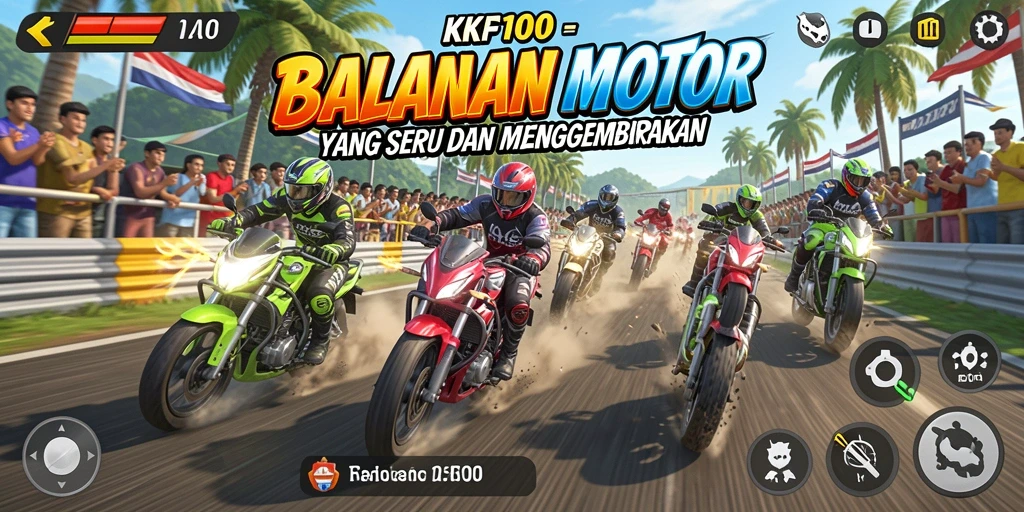 Screenshot utama dari KPK100 yang menampilkan aksi balapan motor yang mendebarkan.