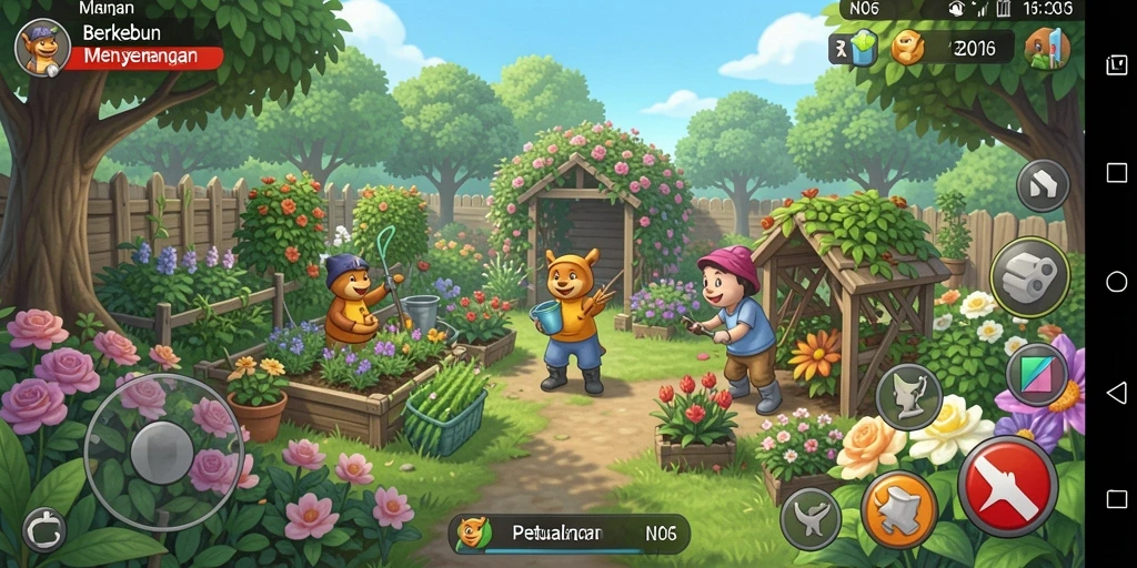 Screenshot gameplay N06 menampilkan kebun yang indah dan aktivitas bercocok tanam.