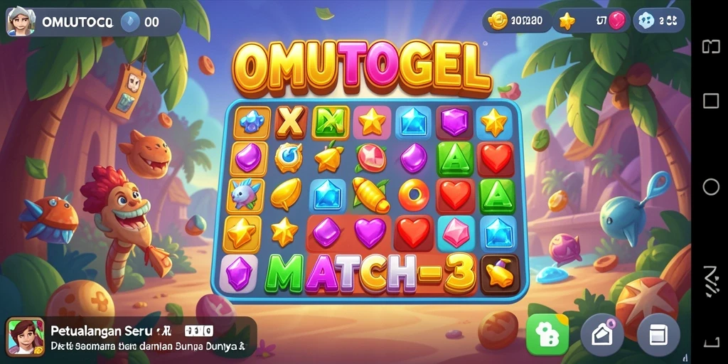 Tangkapan layar gameplay OMUTOGEL dengan kombinasi match-3 yang menakjubkan.