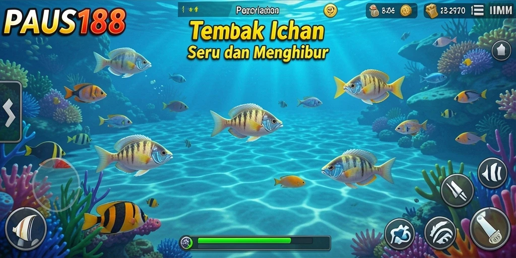 Tampilan gameplay seru PAUS188 saat membidik ikan-ikan berwarna.