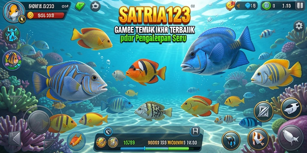Tangkapan layar utama gameplay <strong>SATRIA123</strong> yang menunjukkan aksi menembak ikan.
