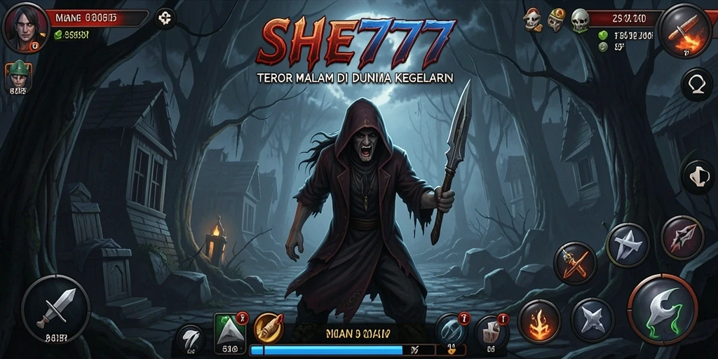 Gameplay SHE777 yang mencekam dengan suasana menyeramkan.