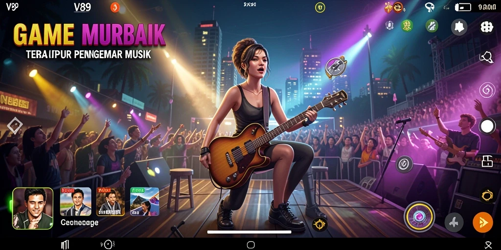 Tampilan gameplay V89 dengan alat musik dan fitur karaoke.